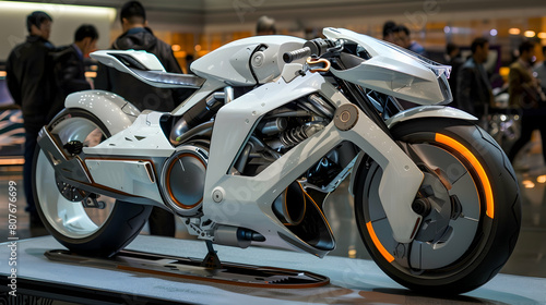 futuristic motorcycle prototype showcased at an international expo