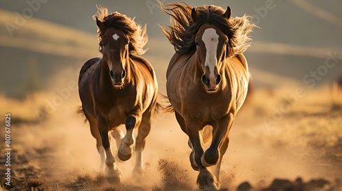 Horses Running Wild in Dusty Fields © Microtech