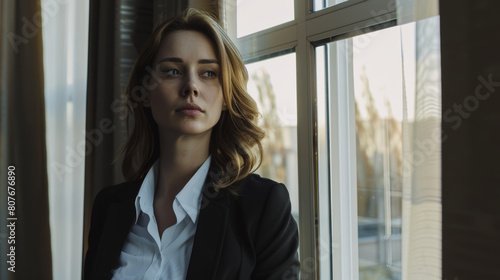 Pensive businesswoman looking out of a high-rise window. Free Download Pensive businesswoman looking out of a high-rise window. - GFXLoad