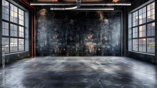 Urban Industrial Loft with Black Walls  Large Windows  Warehouse Aesthetic  and Spacious Interior. Concept Industrial Loft  Black Walls  Large Windows  Warehouse Aesthetic  Spacious Interior
