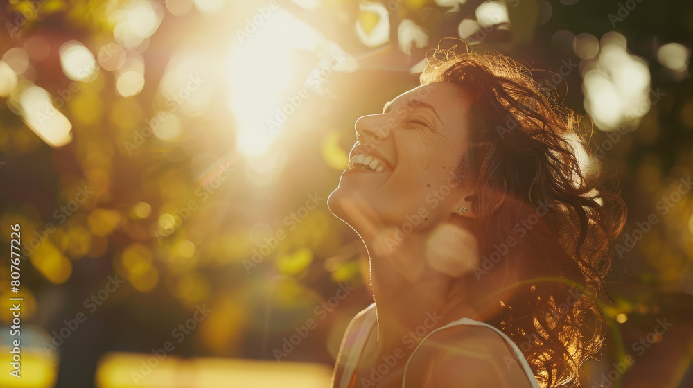 Joyful woman basking in the golden sunlight with a vibrant smile. Joyful woman basking in the golden sunlight with a vibrant smile.
