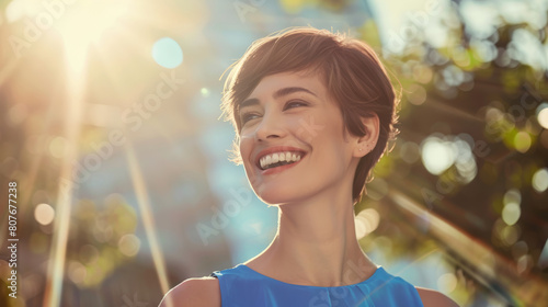 Wallpaper Mural A radiant woman enjoying the sunny ambiance wearing a blue dress. Torontodigital.ca