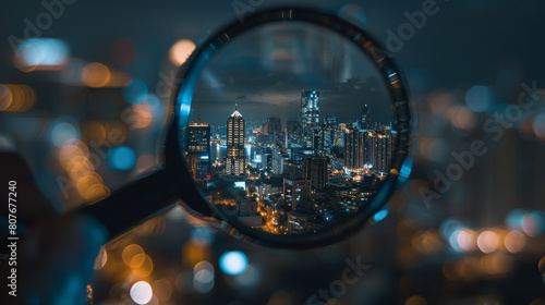 Magnified urban nightscape highlighting the city's vibrancy and details. photo