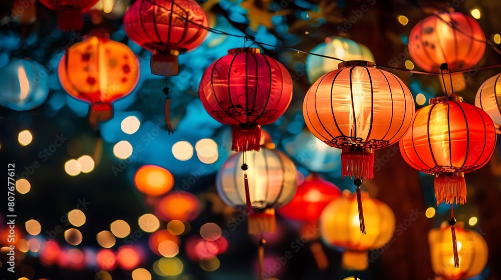 Enchanting Chinese New Year lantern festival illuminating the night sky with a mesmerizing display of lanterns in various shapes and colors,.