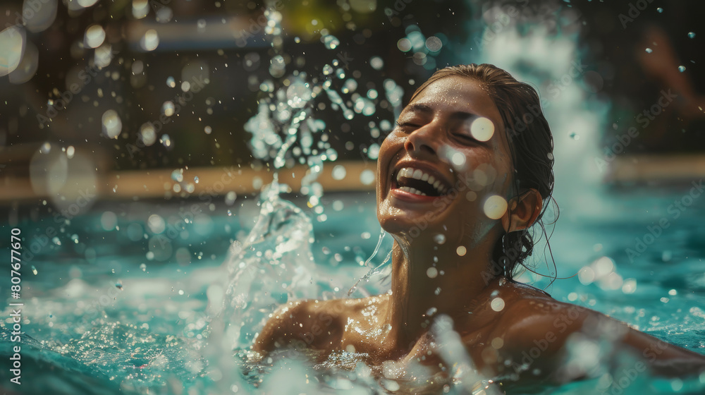 A joyful woman basks in a sunlit pool, splashing water around in a carefree moment.