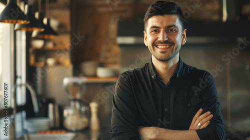 Fototapeta Naklejka Na Ścianę i Meble -  A cheerful male chef stands with folded arms in a sunlit modern kitchen.