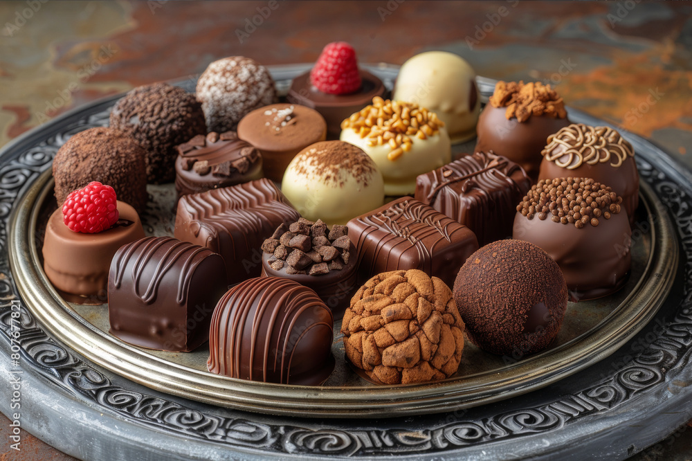 Variety of exquisite handmade chocolates arranged neatly on a vintage silver platter, soft lighting.. AI generated. Variety of exquisite handmade chocolates arranged neatly on a vintage silver platter, soft lighting.. AI generated.