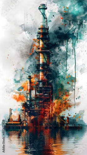 Captivating Depiction of an Industrialized Cityscape Engulfed in Fiery Turmoil, Reflecting the Complexities of Technological Progress and Societal