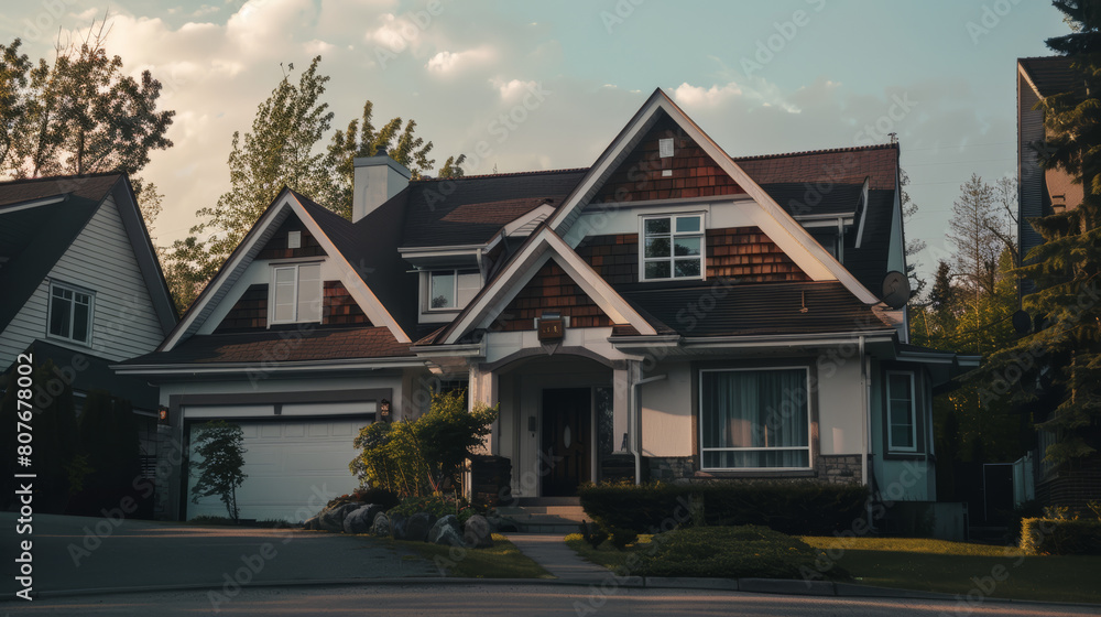 A tranquil suburban house at dusk, exuding warmth and a sense of home.