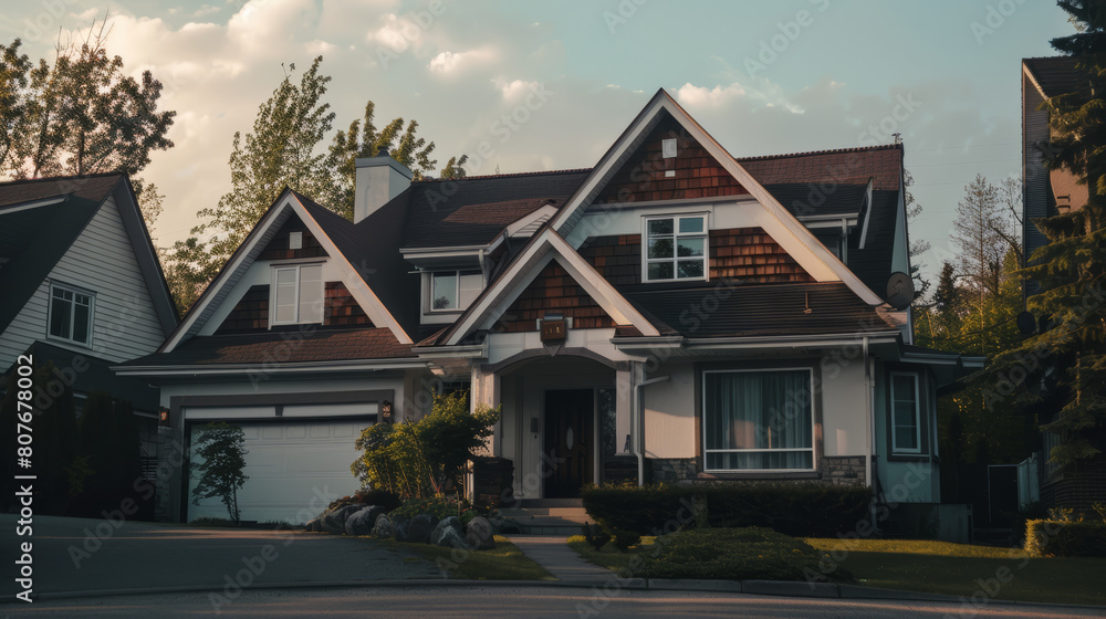 Naklejka premium A tranquil suburban house at dusk, exuding warmth and a sense of home.