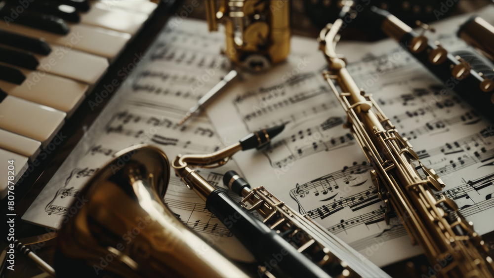 Obraz premium A collection of classical music instruments over sheet music.