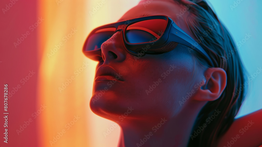 Audiovisual immersion as a woman enjoys music with vibrant light patterns. Audiovisual immersion as a woman enjoys music with vibrant light patterns.