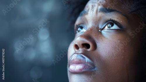 Touched by his grace. Young black woman looking up with tears in her eyes. Christian concept photo