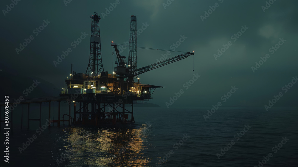 Illuminated offshore drilling platform on a moody, foggy night.