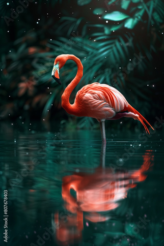 Flamingo standing in water with reflection.