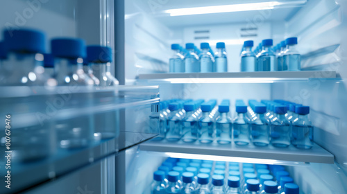 Pristinely organized medical vials in a cool-toned, illuminated laboratory fridge. photo