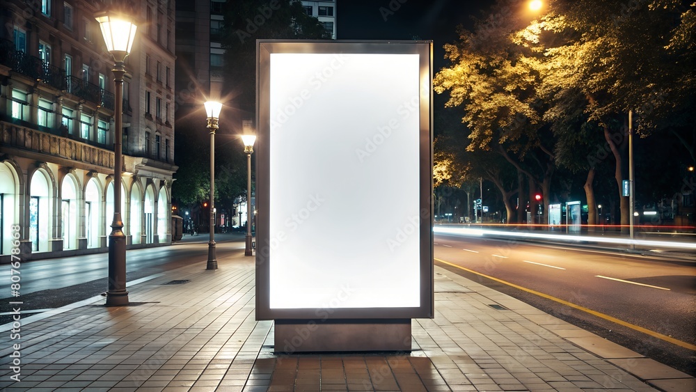Blank White Vertical Billboard Mockup on Sidewalk at Night - Advertising Banner Stand Template Blank White Vertical Billboard Mockup on Sidewalk at Night - Advertising Banner Stand Template