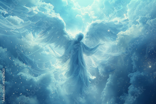 An angel appears in the sky, with lights behind him, amidst ethereal cloudscapes and a panorama of motion blur, made of mist.