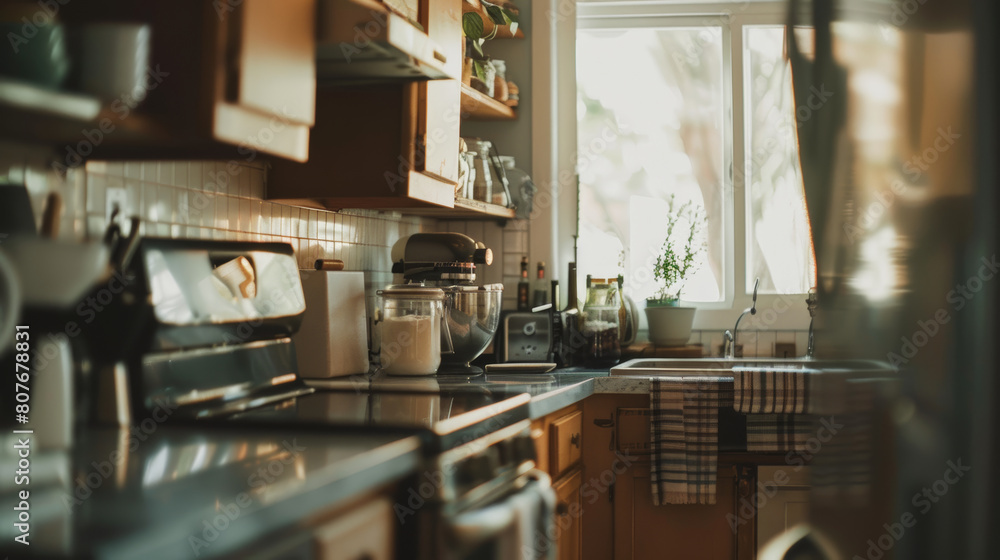 Sunlit cozy home kitchen with modern appliances. Sunlit cozy home kitchen with modern appliances.
