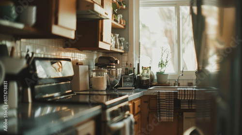 Sunlit cozy home kitchen with modern appliances.