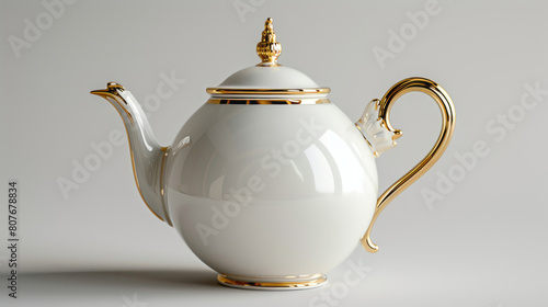 A white and gold teapot with a handle and lid, in a classical style.