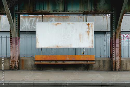 The digitally enhanced style of the 1970s is evident in the light gray and dark bronze tones of a blank white board on an empty stand. photo