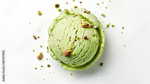 Scoop of pistachio ice cream with pistachio nuts on white background Top view of ice cream isolated for package design of pistachio ice cream : Generative AI