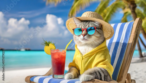 南国のビーチでリラックスする猫