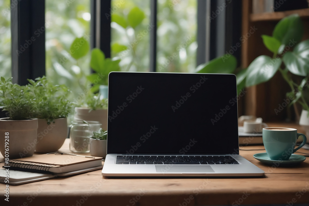 Peaceful Home Office Setup with Laptop on Wooden Desk Surrounded by Indoor Plants and Natural Light Peaceful Home Office Setup with Laptop on Wooden Desk Surrounded by Indoor Plants and Natural Light