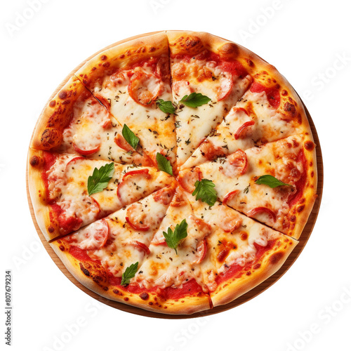 Fresh classic pizza margarita top view isolated on transparent background