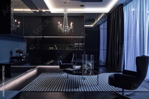 Elegant modern living room with kitchen corner in dark tones
