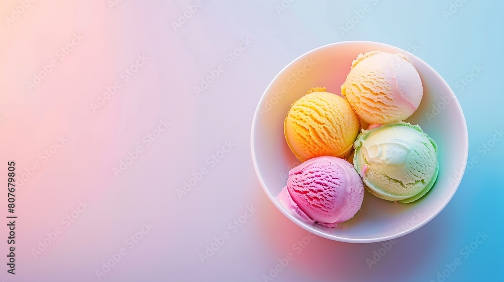 Colorful ive cream scoops in white bowl copy space : Generative AI Colorful ive cream scoops in white bowl copy space : Generative AI