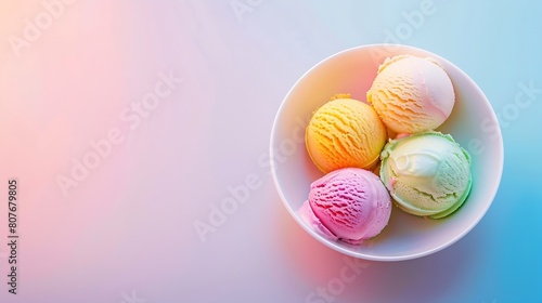 Colorful ive cream scoops in white bowl copy space : Generative AI photo