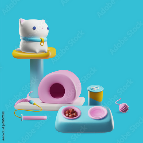 Cute accessories for cats and pets 3D vector set on blue background.