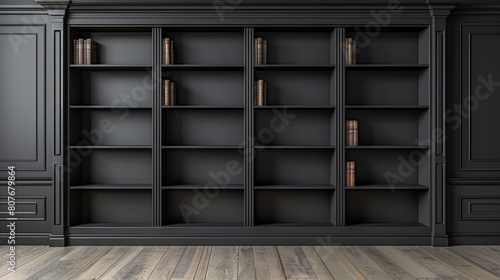 A classic bookshelf with space for books, located in a clean room.