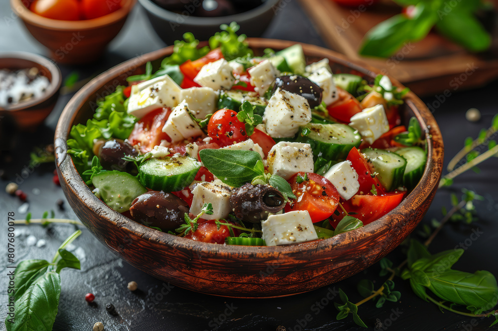 Fresh Greek salad with feta cheese, olives, and cucumber, beautifully presented. AI generated. Fresh Greek salad with feta cheese, olives, and cucumber, beautifully presented. AI generated.