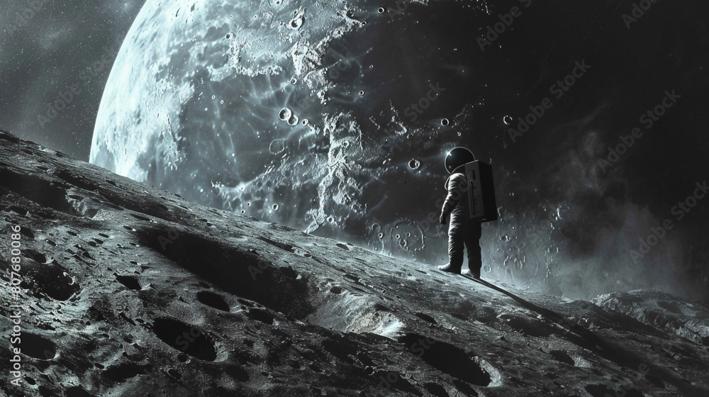 Obraz premium A astranout standing on other planet while wearing space suit and he can see moon from this planet.