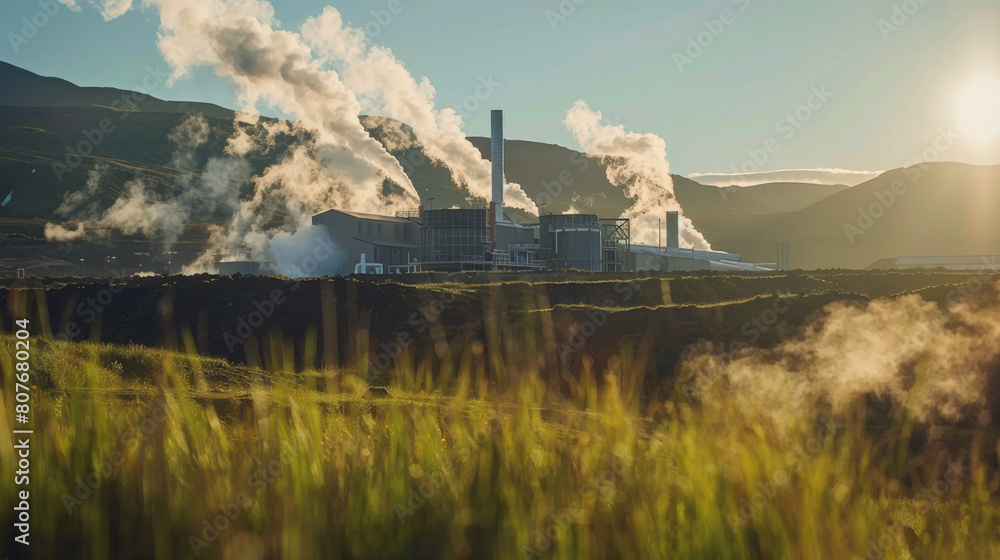 Sunlight kissing an industrial landscape with rising steam