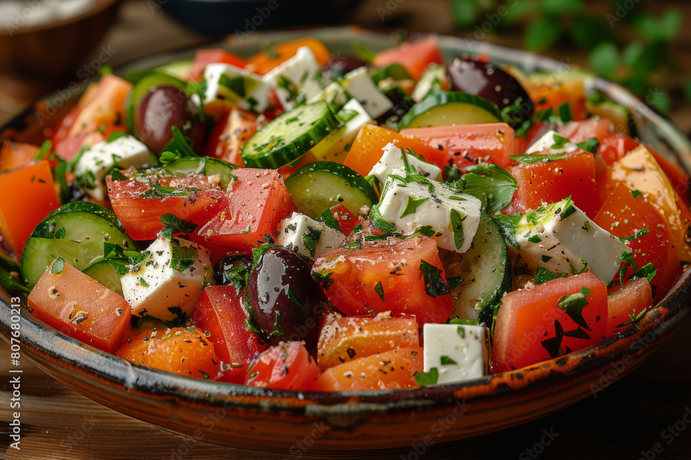 Fresh Greek salad with feta cheese, olives, and cucumber, beautifully presented. AI generated. Fresh Greek salad with feta cheese, olives, and cucumber, beautifully presented. AI generated.