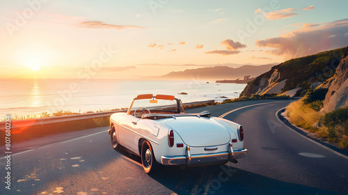vintage-inspired convertible driving along a coastal highway at sunset