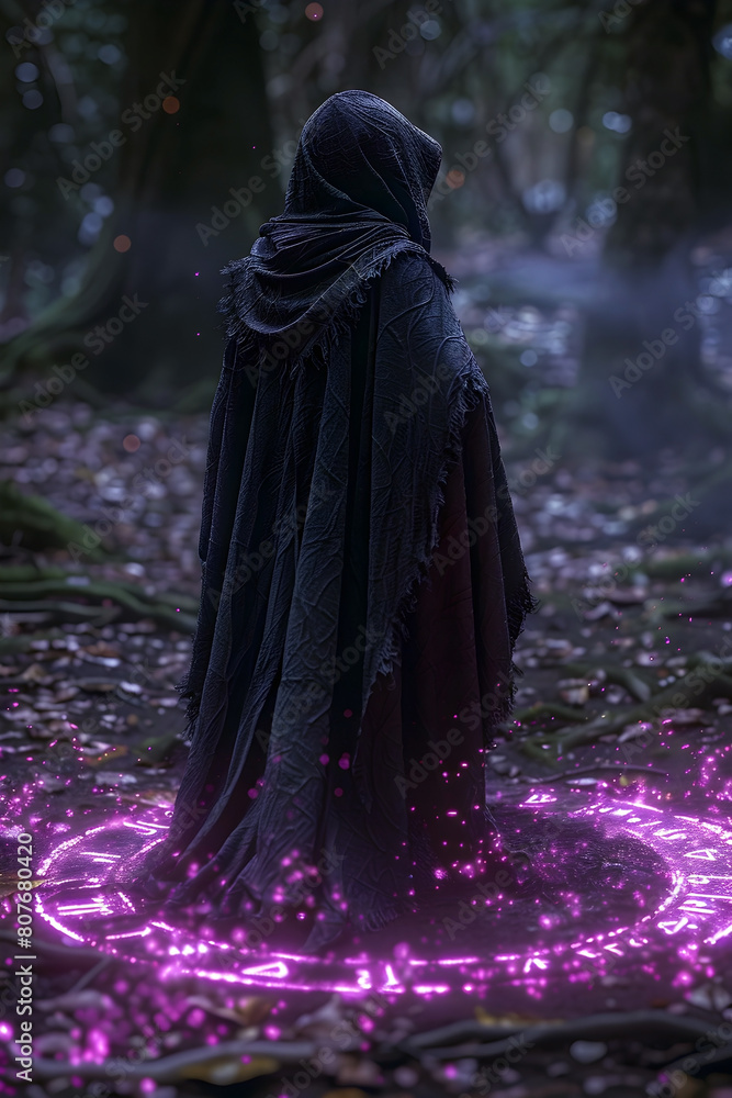 Cloaked Necromancer Conjuring Ominous Dark Summoning Ritual in Remote Decrepit Forest Clearing Under Glowing Arcane Symbols and Shadowy Tendrils Cloaked Necromancer Conjuring Ominous Dark Summoning Ritual in Remote Decrepit Forest Clearing Under Glowing Arcane Symbols and Shadowy Tendrils