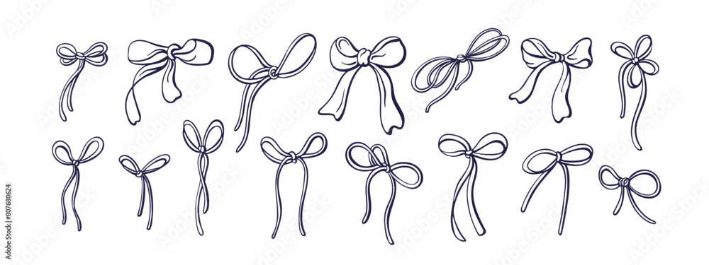 Obraz premium Bow set Hand drawn ribbons Silk bows, sketch knots