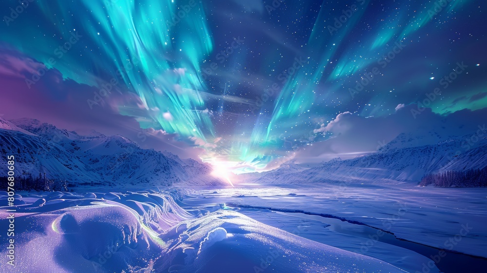 Celestial spectacle over icy mountains: Aurora lights dance across a frozen nocturnal landscape