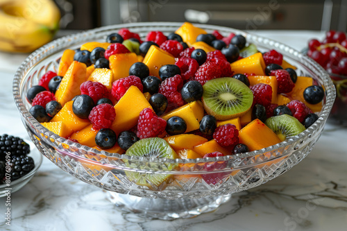 Exotic fruit salad with mango  kiwi  and berries in a crystal clear bowl. AI generated.