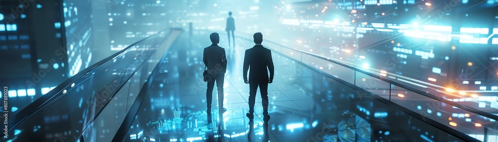 Illustrate a futuristic setting where professionals Illustrate a futuristic setting where professionals