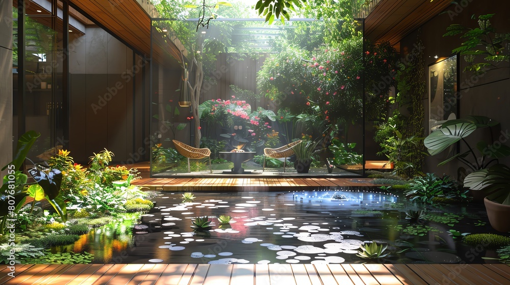 Illustrate an outdoor patio area with holographic garden furniture and lush greenery projected to create a serene oasis Capture the interplay of natural elements like wood-like hol