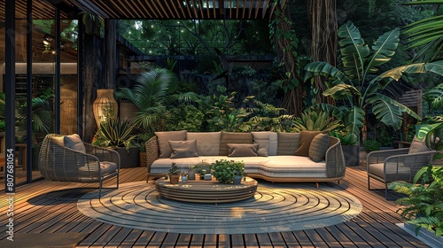 Illustrate an outdoor patio area with holographic garden furniture and lush greenery projected to create a serene oasis Capture the interplay of natural elements like wood-like hol photo