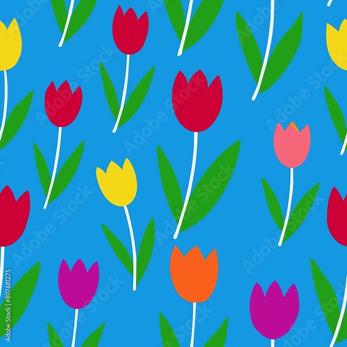 Seamless pattern of vibrant tulips in assorted colors blooming against a bright blue sky  Generative AI