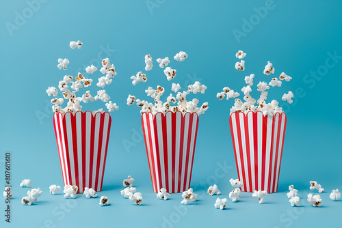 Fluffy popcorn in red strip paper bucket on blue background. Copy space for text. Cinema and movie theater concept 