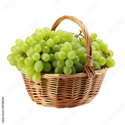 Fresh green grapes in basket isolated on transparent background